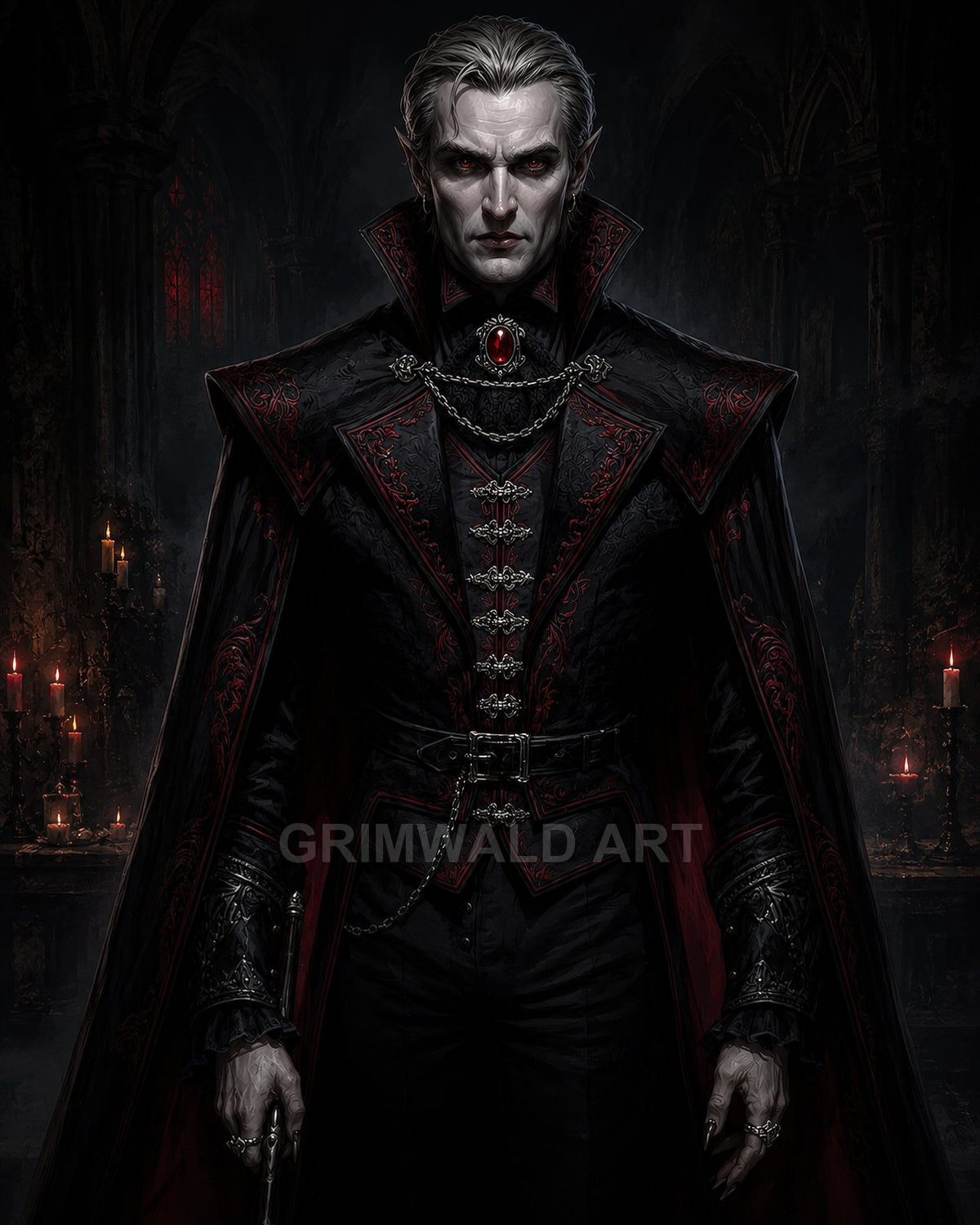 Pale male vampire in ornate black and red cloak with high collar and ruby pendant, standing in a candlelit gothic cathedral interior.