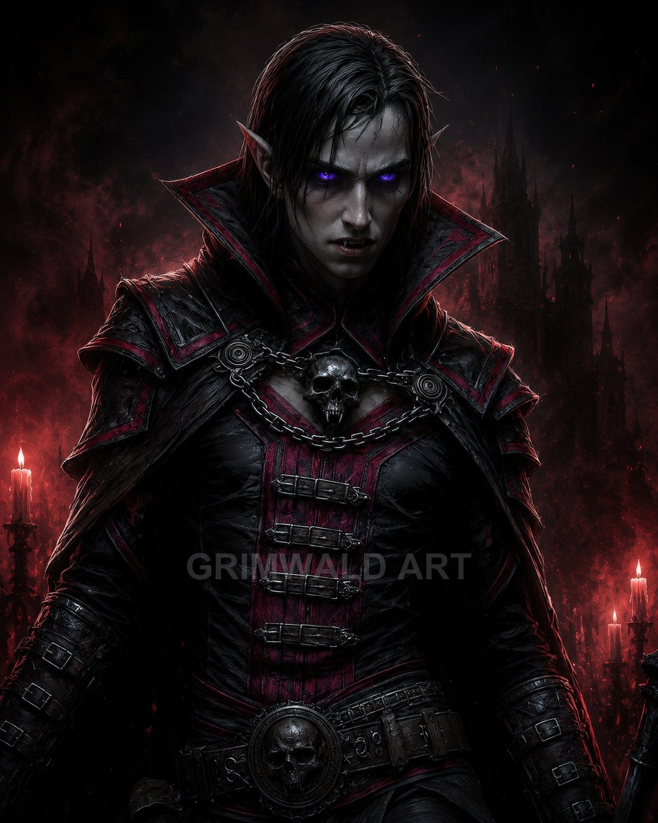 Vampire in black and crimson gothic armour with skull emblems, glowing purple eyes, before castle spires and candles under a dark red night.