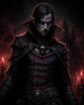 GRID THUMBNAIL — Vampire in black and crimson gothic armour with skull emblems, glowing purple eyes, before castle spires and candles under a dark red night.