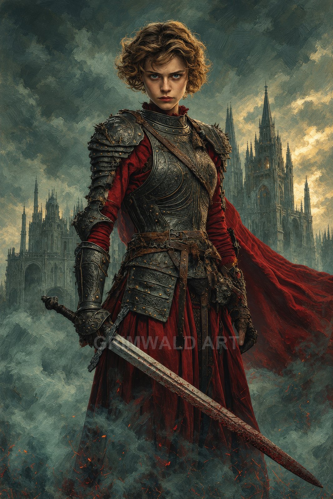 Armoured female knight in a red cloak holds a bloodied sword before looming gothic cathedrals, smoke and embers swirling under a storm-dark sky.