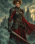 GRID THUMBNAIL — Armoured female knight in a red cloak holds a bloodied sword before looming gothic cathedrals, smoke and embers swirling under a storm-dark sky.