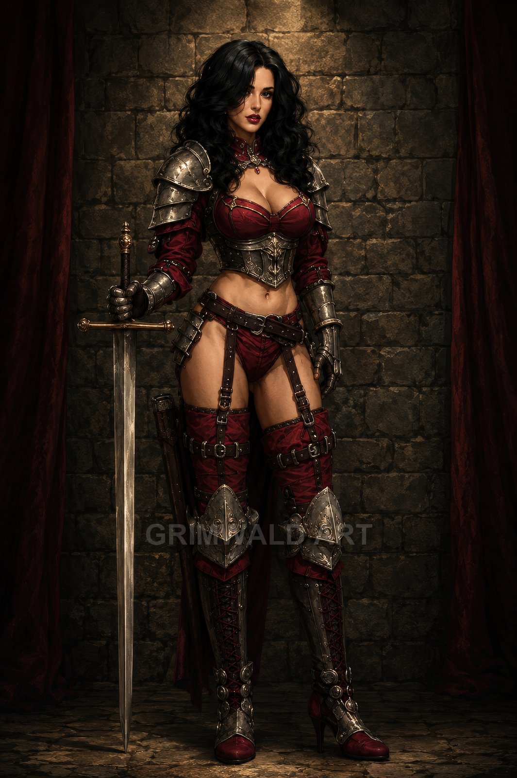 Armoured female warrior in red and steel gear holding a longsword, standing against a stone wall with red drapery, dramatic warm lighting.