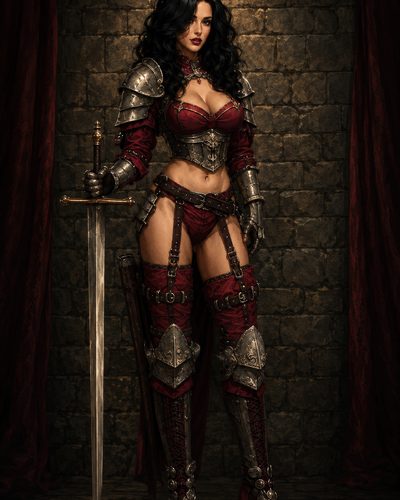 GRID THUMBNAIL — Armoured female warrior in red and steel gear holding a longsword, standing against a stone wall with red drapery, dramatic warm lighting.