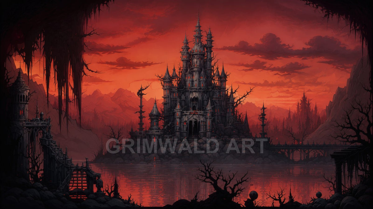 A dark gothic castle of spires rises above a still lake at sunset, framed by skeletal trees, ruins and a distant, jagged valley.