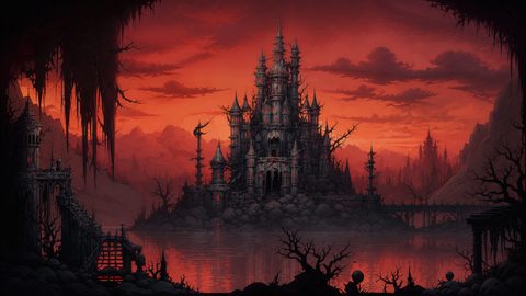 GRID THUMBNAIL — A dark gothic castle of spires rises above a still lake at sunset, framed by skeletal trees, ruins and a distant, jagged valley.