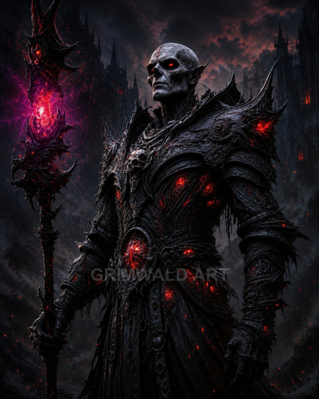 An undead necromancer in intricate black armour holds a spiked staff radiating crimson energy before a looming gothic castle under a stormy night sky.