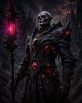 GRID THUMBNAIL — An undead necromancer in intricate black armour holds a spiked staff radiating crimson energy before a looming gothic castle under a stormy night sky.