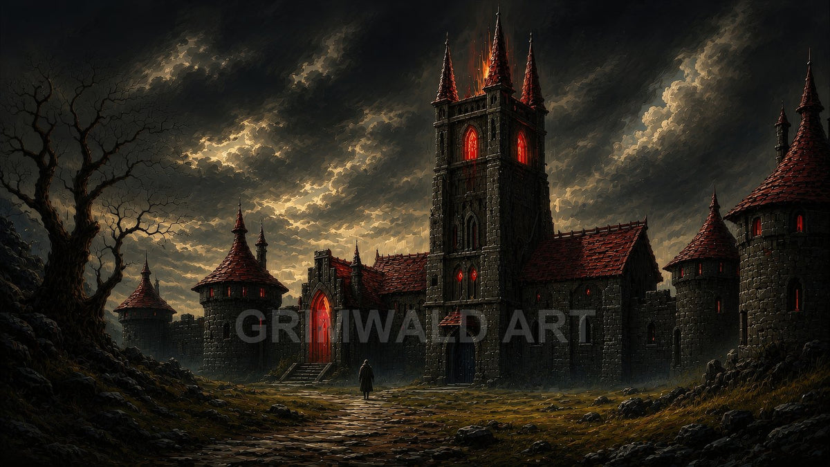 A gothic stone castle with blazing red windows under stormy clouds, lone cloaked figure on a wet cobbled path, gnarled leafless tree.
