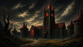 GRID THUMBNAIL — A gothic stone castle with blazing red windows under stormy clouds, lone cloaked figure on a wet cobbled path, gnarled leafless tree.