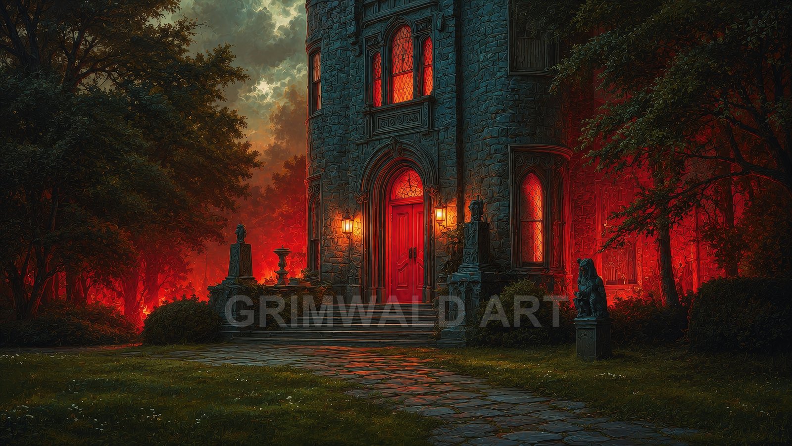 Gothic stone castle entrance with red door and glowing stained-glass windows, lantern-lit steps, gargoyle statues, and dark trees under a stormy twilight sky.