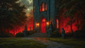 GRID THUMBNAIL — Gothic stone castle entrance with red door and glowing stained-glass windows, lantern-lit steps, gargoyle statues, and dark trees under a stormy twilight sky.