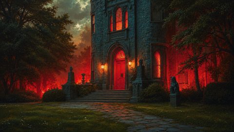 GRID THUMBNAIL — Gothic stone castle entrance with red door and glowing stained-glass windows, lantern-lit steps, gargoyle statues, and dark trees under a stormy twilight sky.
