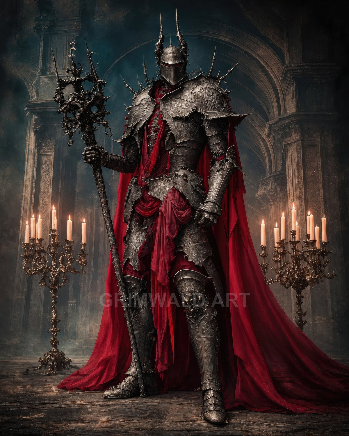 Armoured knight with spiked helm and crimson cloak holding an ornate polearm, standing in a candlelit gothic cathedral with arches and candelabras.