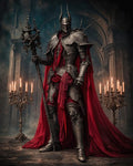 GRID THUMBNAIL — Armoured knight with spiked helm and crimson cloak holding an ornate polearm, standing in a candlelit gothic cathedral with arches and candelabras.