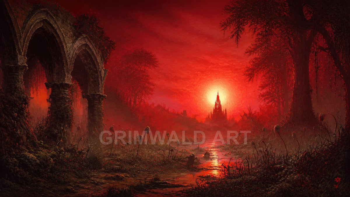 A crimson sunset over a marshy river, with ivy-clad stone arches in the foreground and a distant spired cathedral silhouetted against the glowing sky.