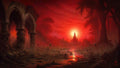GRID THUMBNAIL — A crimson sunset over a marshy river, with ivy-clad stone arches in the foreground and a distant spired cathedral silhouetted against the glowing sky.