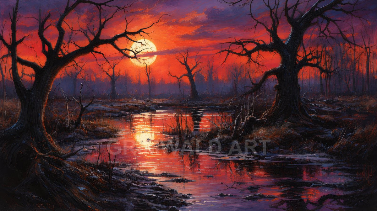 Eerie fantasy swamp with gnarled leafless trees, a blazing red sunset, and a reflective stream winding through misty reeds under a darkening sky.