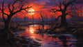GRID THUMBNAIL — Eerie fantasy swamp with gnarled leafless trees, a blazing red sunset, and a reflective stream winding through misty reeds under a darkening sky.