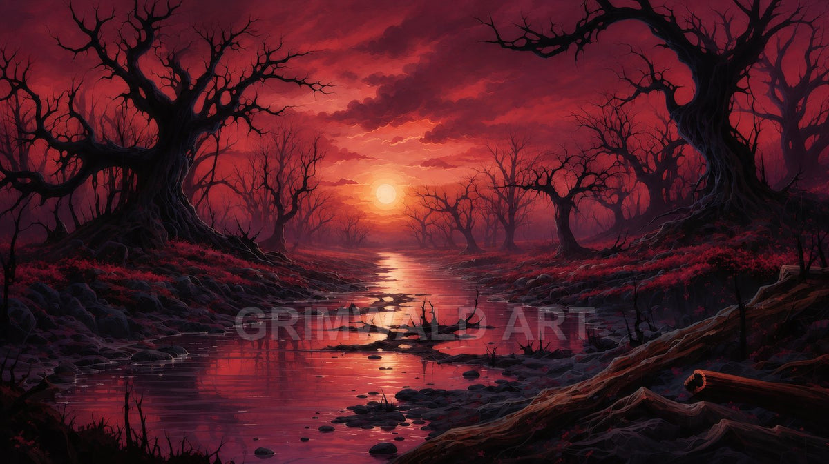 A crimson sunset mirrors across a winding river flanked by twisted, leafless trees, rocky banks, red undergrowth, and fallen logs in a sombre forest.