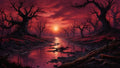 GRID THUMBNAIL — A crimson sunset mirrors across a winding river flanked by twisted, leafless trees, rocky banks, red undergrowth, and fallen logs in a sombre forest.