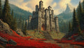 GRID THUMBNAIL — A grand stone castle with tall towers rises above red flower-strewn slopes, surrounded by pine forest and mountains under warm golden daylight.