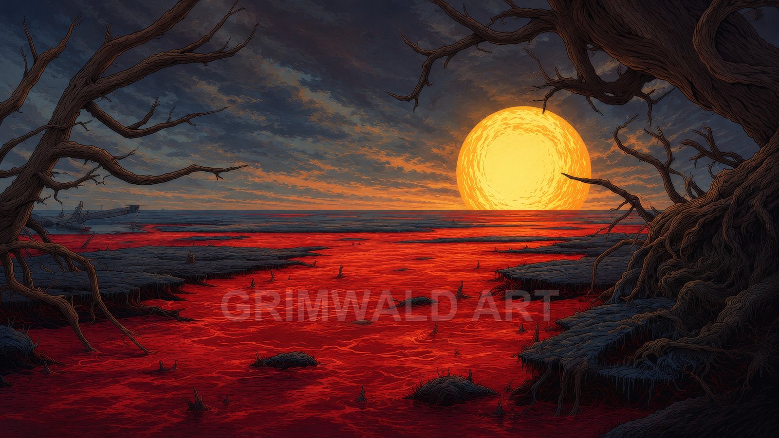 Ominous fantasy landscape of a crimson swamp beneath a colossal setting sun, with twisted dead trees and a distant shipwreck under brooding clouds.