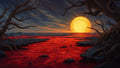 GRID THUMBNAIL — Ominous fantasy landscape of a crimson swamp beneath a colossal setting sun, with twisted dead trees and a distant shipwreck under brooding clouds.