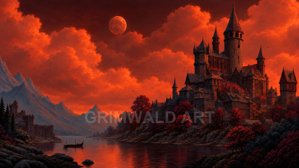 Gothic stone castle on a rocky lakeshore under a crimson moon and glowing clouds, with mountains, birds, and a small boat on calm water.
