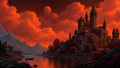 GRID THUMBNAIL — Gothic stone castle on a rocky lakeshore under a crimson moon and glowing clouds, with mountains, birds, and a small boat on calm water.