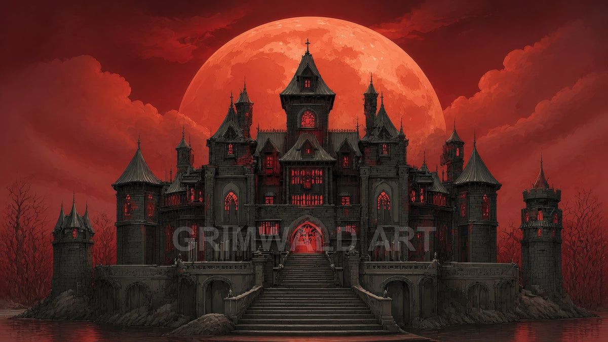 Gothic stone castle with glowing red windows and grand stairway beneath a massive blood-red moon, framed by bare trees and dark water.