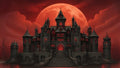 GRID THUMBNAIL — Gothic stone castle with glowing red windows and grand stairway beneath a massive blood-red moon, framed by bare trees and dark water.