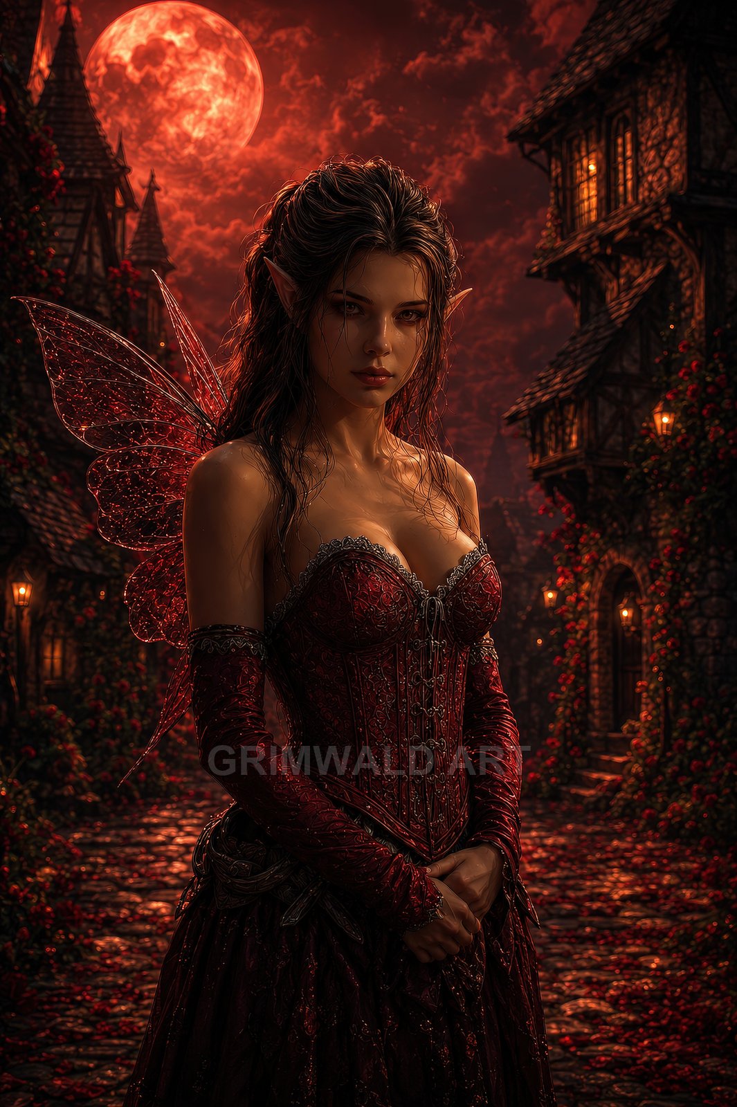 A mysterious fairy with red translucent wings and ornate corset stands on a lantern-lit village street beneath a looming crimson moon.