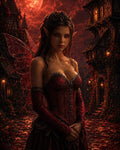 GRID THUMBNAIL — A mysterious fairy with red translucent wings and ornate corset stands on a lantern-lit village street beneath a looming crimson moon.