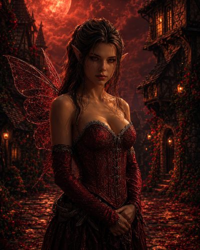 GRID THUMBNAIL — A mysterious fairy with red translucent wings and ornate corset stands on a lantern-lit village street beneath a looming crimson moon.