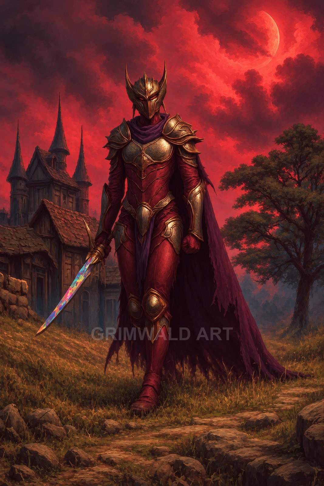 A horned-helm knight in red and gold armour strides along a rocky path, holding an iridescent sword beneath a crimson sky and crescent moon.