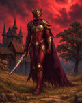 GRID THUMBNAIL — A horned-helm knight in red and gold armour strides along a rocky path, holding an iridescent sword beneath a crimson sky and crescent moon.