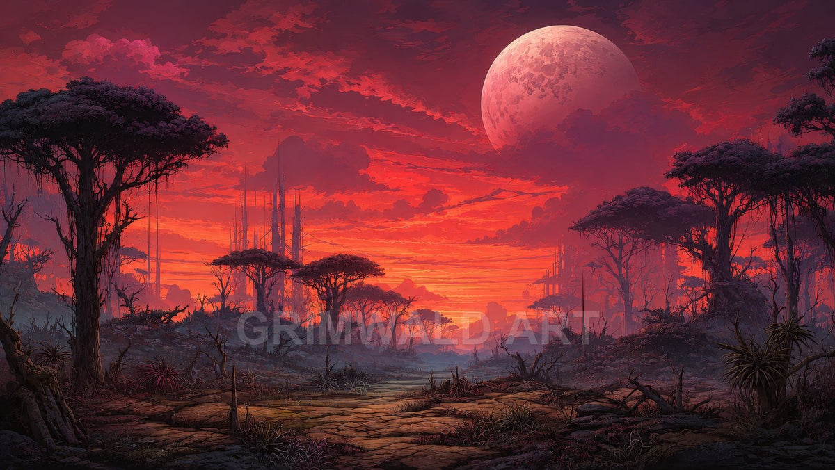 Crimson Moon Over Alien Forest – Retro Fantasy Landscape Art