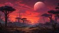GRID THUMBNAIL — Alien forest landscape beneath a crimson sunset with a huge moon, umbrella-shaped trees, cracked stone path, misty horizon, and distant needle-like spires.