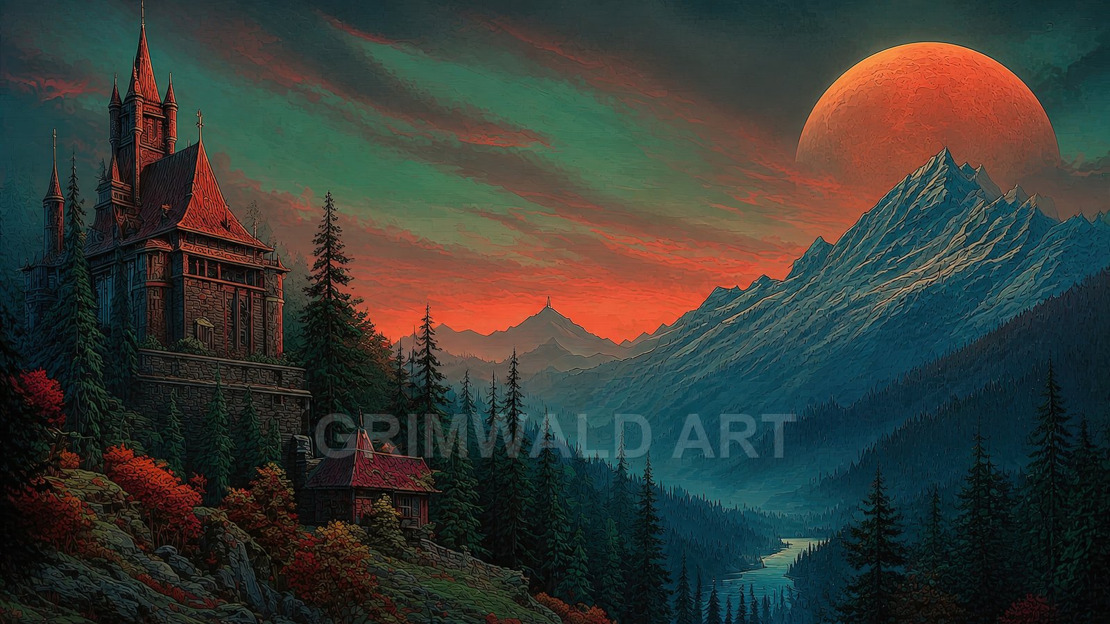 Gothic stone castle on a forested mountainside beneath a vast red moon, with snow-capped peaks and a winding river at sunset.