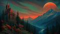 GRID THUMBNAIL — Gothic stone castle on a forested mountainside beneath a vast red moon, with snow-capped peaks and a winding river at sunset.