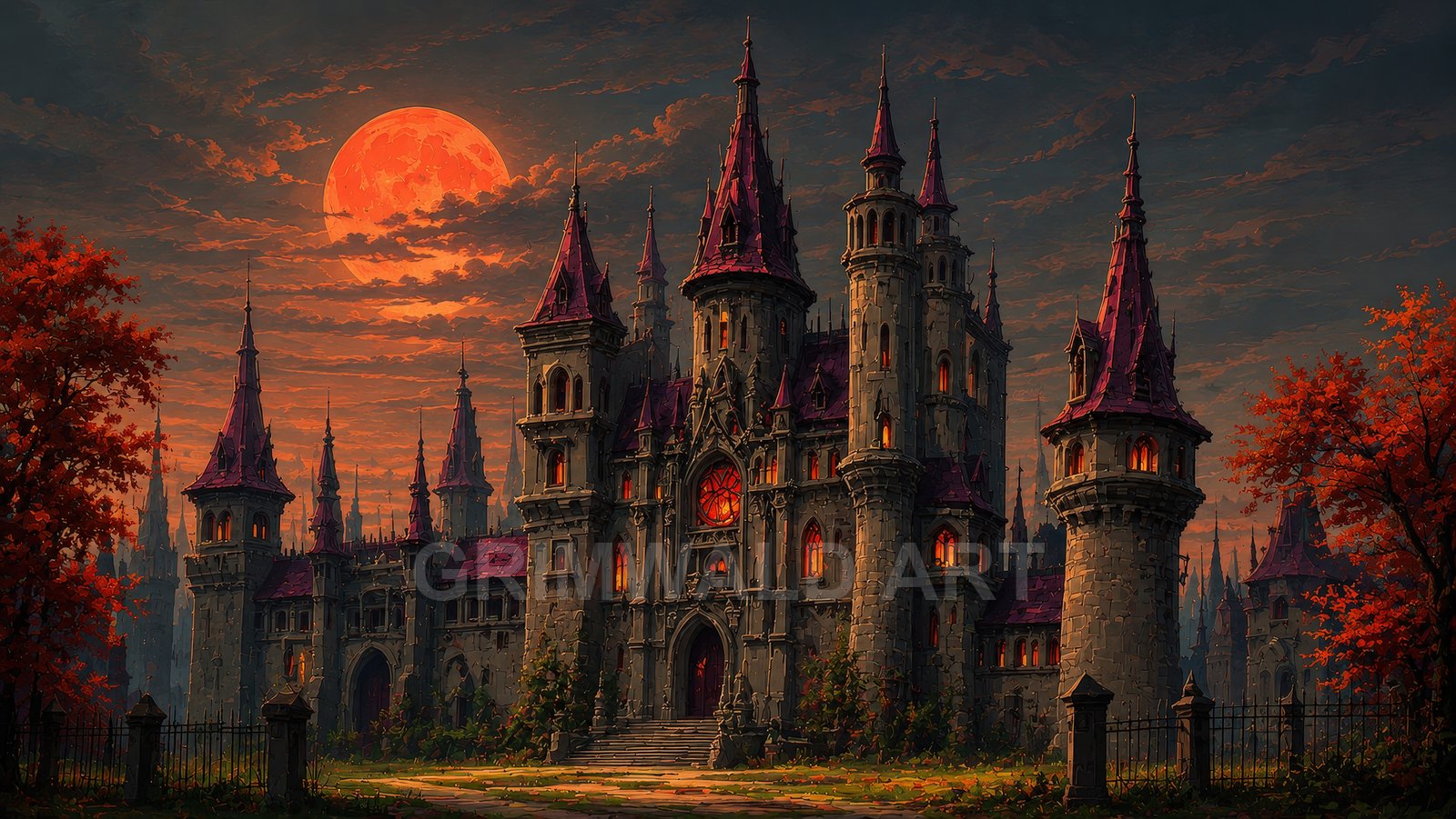 Crimson Moon Over Gothic Castle – Retro Fantasy Landscape Art
