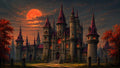 GRID THUMBNAIL — Gothic stone castle with tall spires and glowing windows beneath a vast red moon, framed by autumn trees and iron railings at twilight.