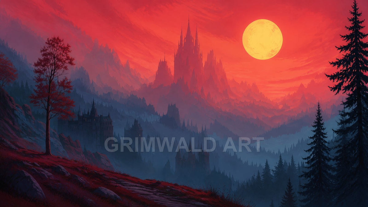 A blood-red sky with a huge full moon above misty pine forests and towering gothic castles in layered mountains, atmospheric and ominous.