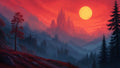 GRID THUMBNAIL — A blood-red sky with a huge full moon above misty pine forests and towering gothic castles in layered mountains, atmospheric and ominous.