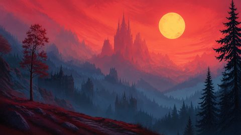 GRID THUMBNAIL — A blood-red sky with a huge full moon above misty pine forests and towering gothic castles in layered mountains, atmospheric and ominous.