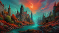 GRID THUMBNAIL — Gothic castle city with tall spires overlooks a teal river amid red autumn trees beneath a dramatic twilight sky and looming crimson moon.