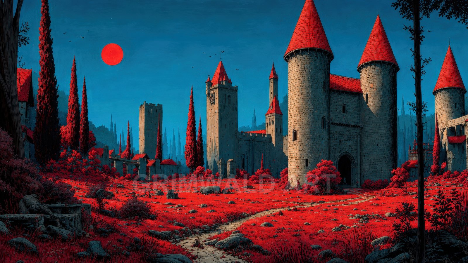 Medieval stone castle with red conical roofs rises over a scarlet meadow and winding path beneath a crimson moon and deep blue sky.