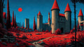 GRID THUMBNAIL — Medieval stone castle with red conical roofs rises over a scarlet meadow and winding path beneath a crimson moon and deep blue sky.