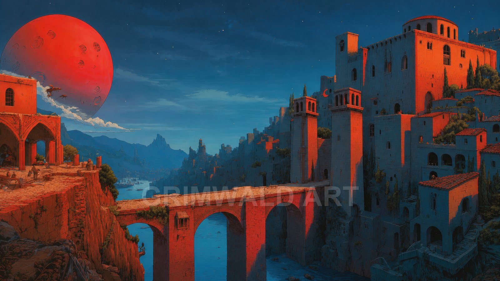 Fantasy cliffside city with an arched stone bridge under a vast red moon, twilight sky, blue river gorge and warm orange highlights.