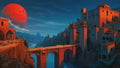 GRID THUMBNAIL — Fantasy cliffside city with an arched stone bridge under a vast red moon, twilight sky, blue river gorge and warm orange highlights.